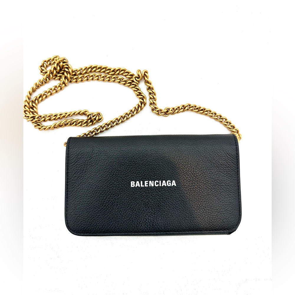 Authentic Balenciaga Black Cross Body Leather Logo Wallet w/Gold Chain